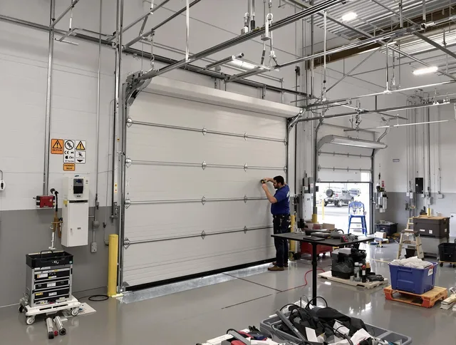 Commercial garage door repair being performed by Plantation Garage Door Repair expert in Plantation