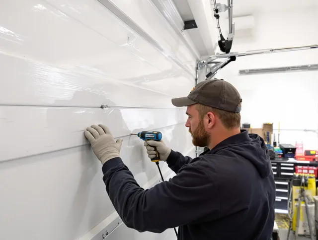 Plantation Garage Door Repair technician demonstrating precision dent removal techniques on a Plantation garage door