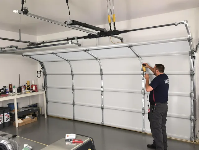 Plantation Garage Door Repair certified technician performing overhead door system repair in Plantation