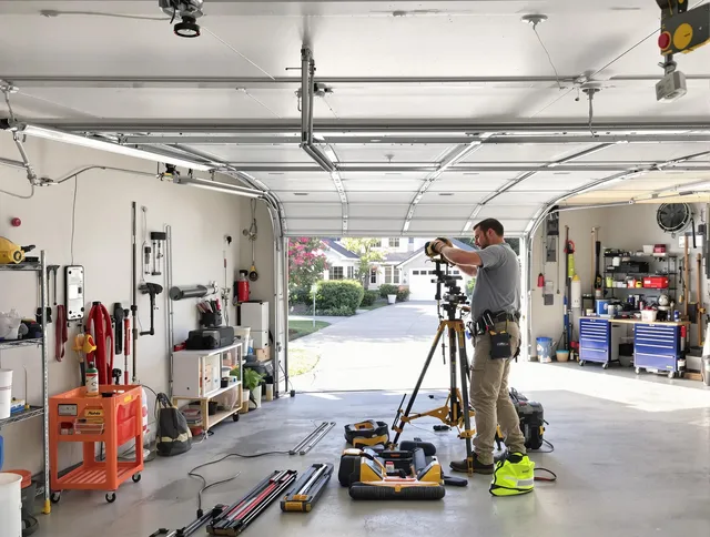 Plantation Garage Door Repair specialist performing laser-guided track alignment in Plantation